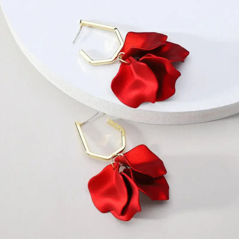 Acrylic Flower Petals Long Dangle Earrings - Red Short.