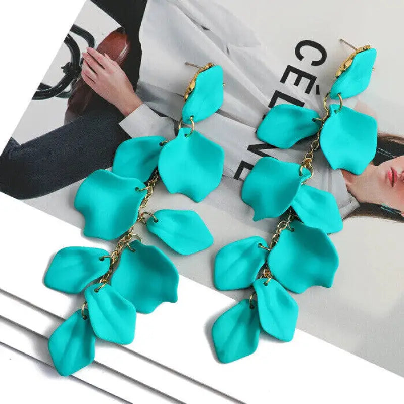 Acrylic Flower Petals Long Dangle Earrings - Turquoise
