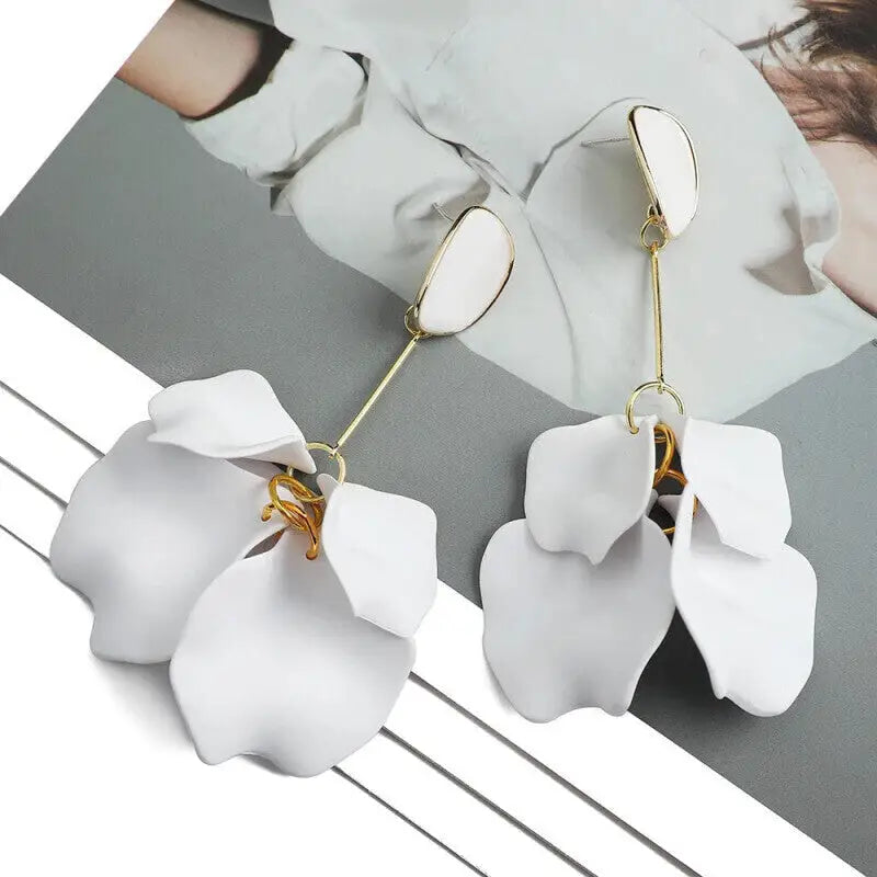Acrylic Flower Petals Long Dangle Earrings - White