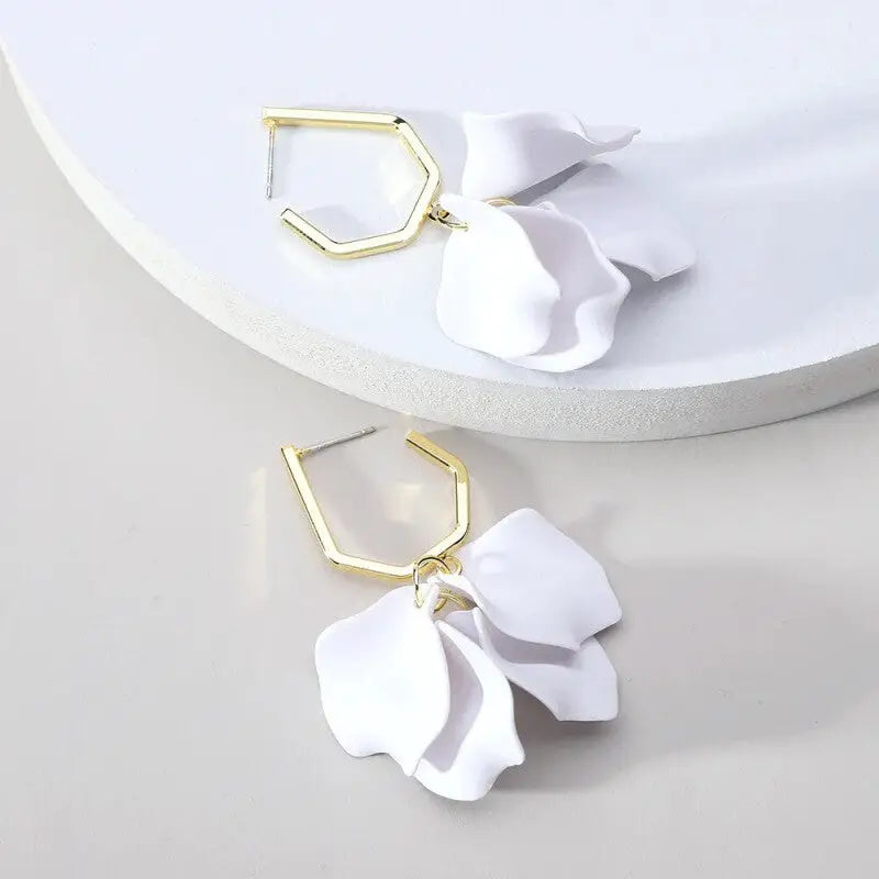 Acrylic Flower Petals Long Dangle Earrings - White Short