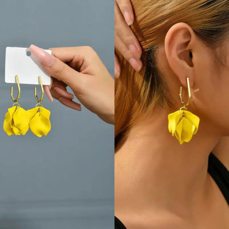 Acrylic Flower Petals Long Dangle Earrings - Yellow Short