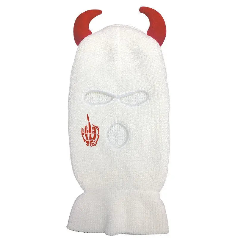 Acrylic Knit Point Horns Balaclava with Embroidered Detail