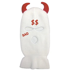 Acrylic Knit Point Horns Balaclava with Embroidered Detail