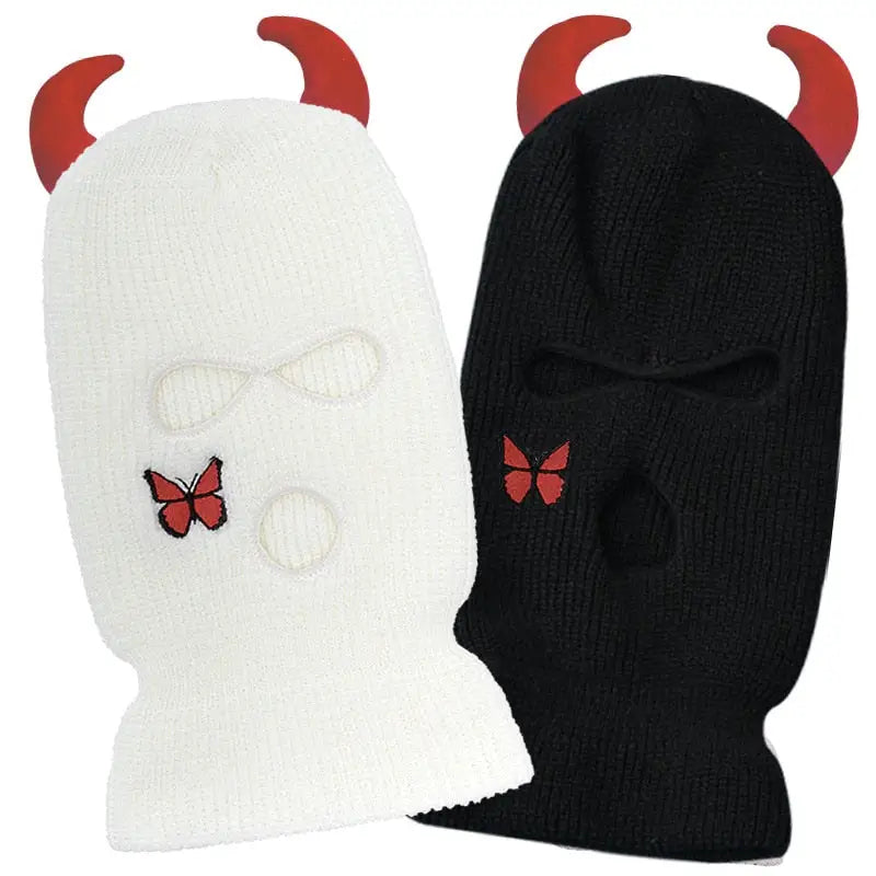Acrylic Knit Point Horns Balaclava with Embroidered Detail