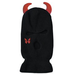 Acrylic Knit Point Horns Balaclava with Embroidered Detail