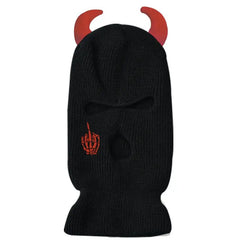 Acrylic Knit Point Horns Balaclava with Embroidered Detail