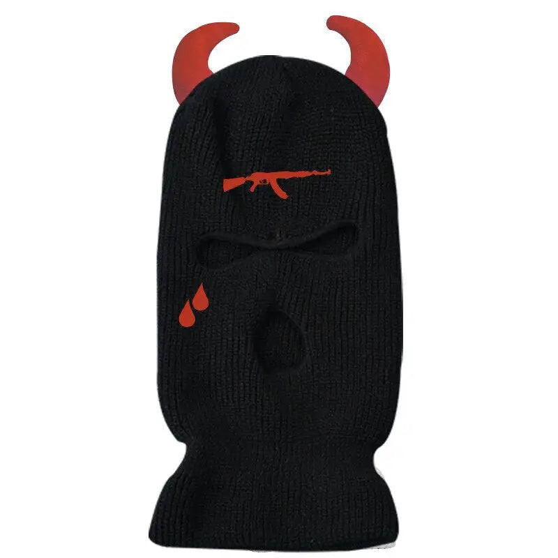Acrylic Knit Point Horns Balaclava with Embroidered Detail