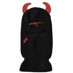 Acrylic Knit Point Horns Balaclava with Embroidered Detail