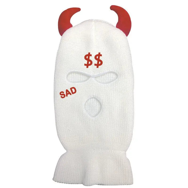 Acrylic Knit Point Horns Balaclava with Embroidered Detail