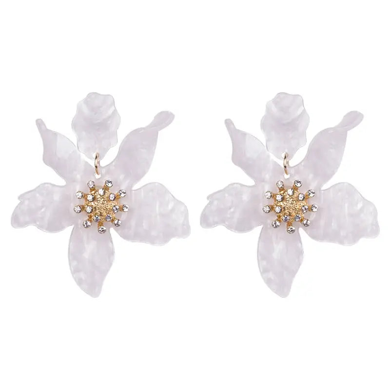 Acrylic Long Flower Earrings for Women White A / One Size