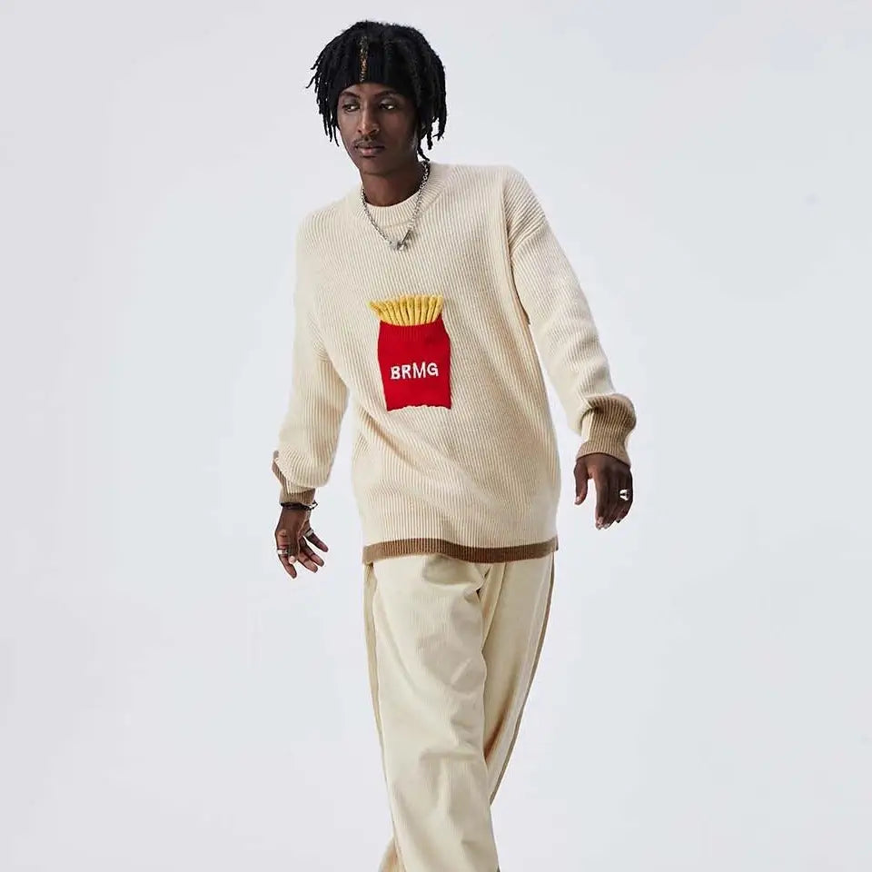 Acrylic Potatoe Fries Knitted Sweater O Neck Long Sleeve