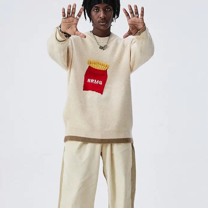 Acrylic Potatoe Fries Knitted Sweater O Neck Long Sleeve