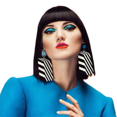 Acrylic Square Stripe Drop Dangle Earrings Black White