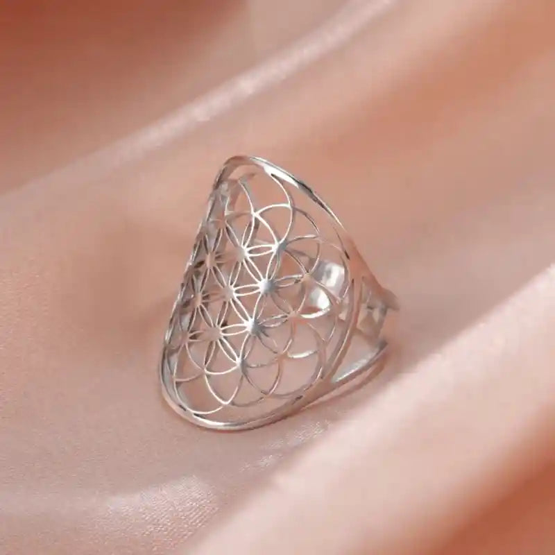 Adjustable Viking Flower of Life Stainless Steel Ring