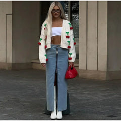 Aesthetic 3D Cherry Knitted Long Sleeve Cardigan