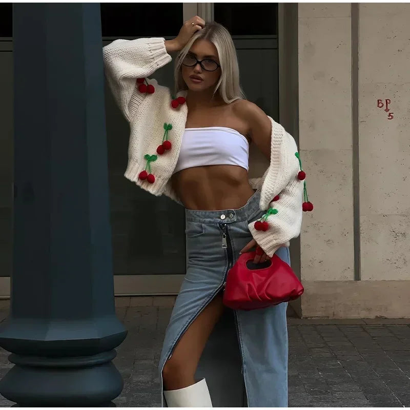 Aesthetic 3D Cherry Knitted Long Sleeve Cardigan