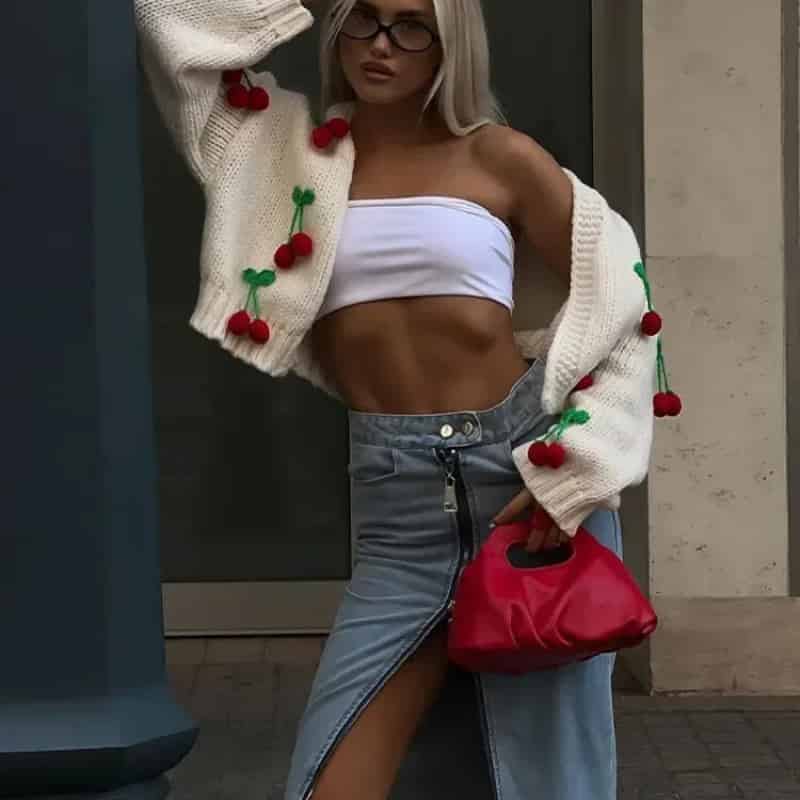 Aesthetic 3D Cherry Knitted Long Sleeve Cardigan