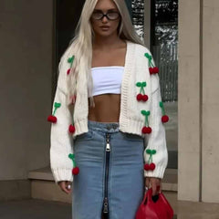 Aesthetic 3D Cherry Knitted Long Sleeve Cardigan