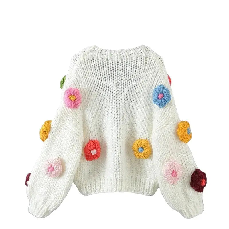 Aesthetic 3D Flower Slouchy Knitted Cardigan - White