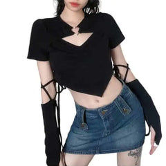 Aesthetic Crop-Top With Long-Sleeve Gloves - Black / S