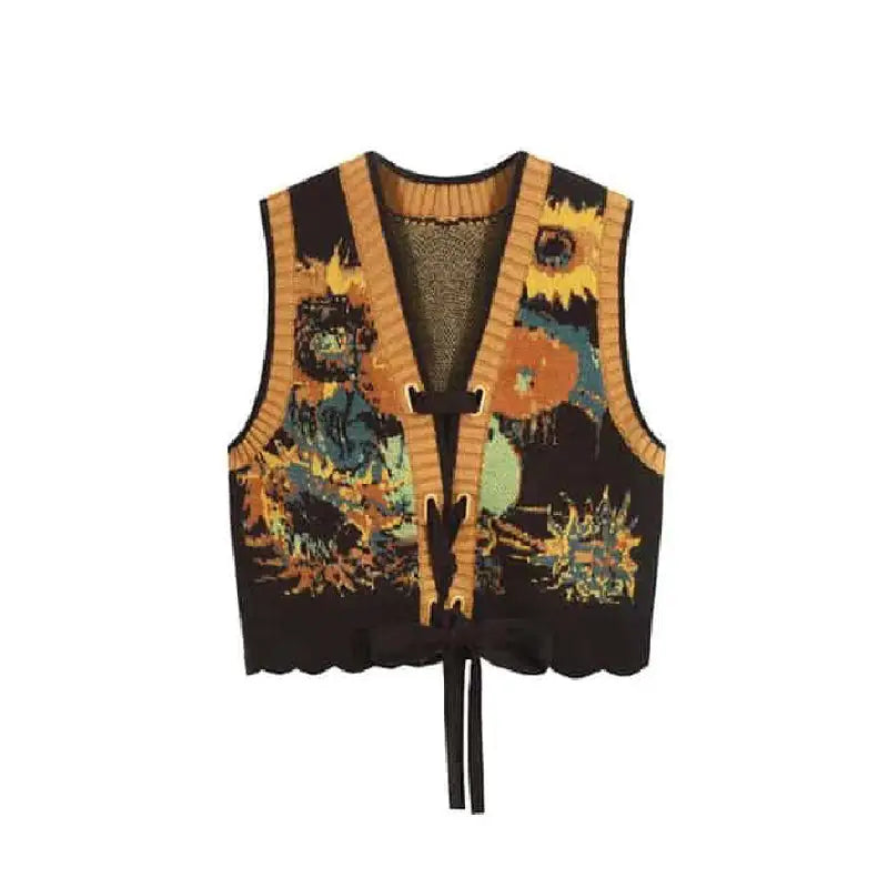 Aesthetic Floral Jacquard Knitted V Neck Vest - Brown