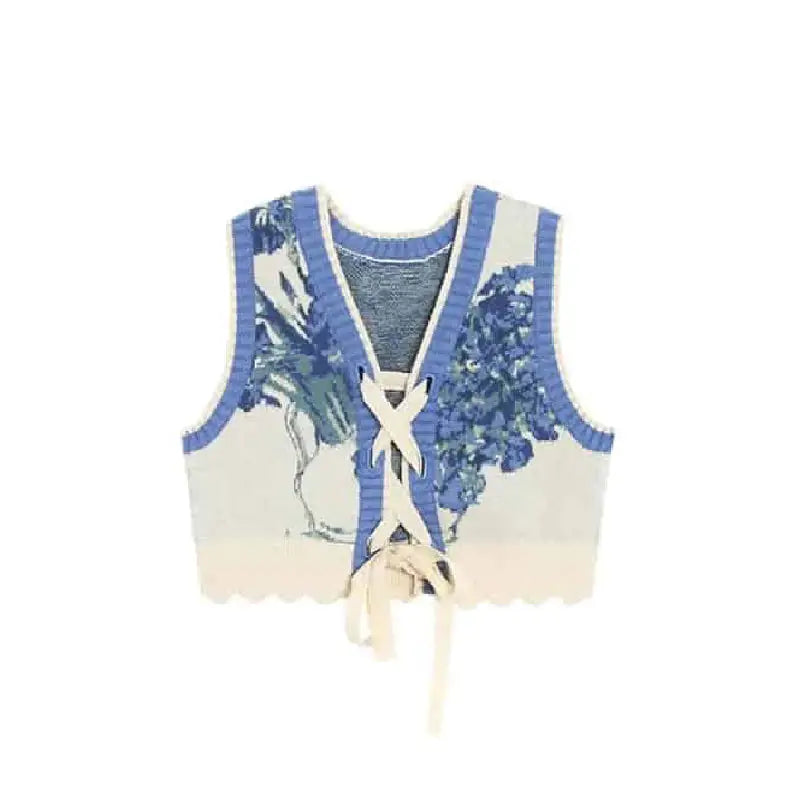 Aesthetic Floral Jacquard Knitted V Neck Vest - Sky Blue / S