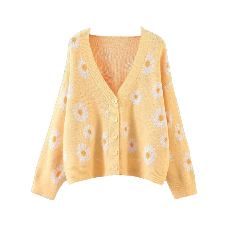 Aesthetic Flower Knit Loose V Neck Cardigan - Sweaters
