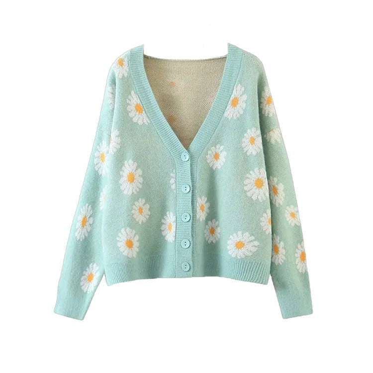 Aesthetic Flower Knit Loose V Neck Cardigan - Green / One