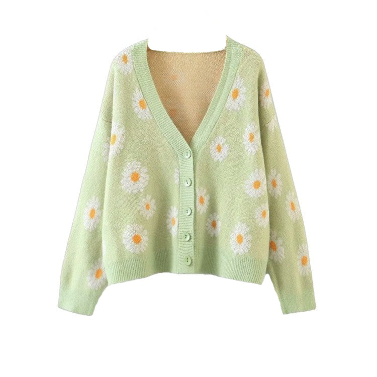 Aesthetic Flower Knit Loose V Neck Cardigan - Light Green /