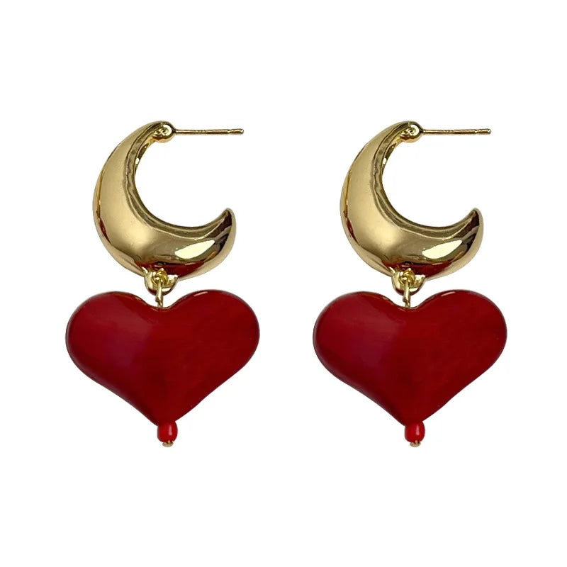 Aesthetic Heart Drop Dangle Moon Hoop Earrings