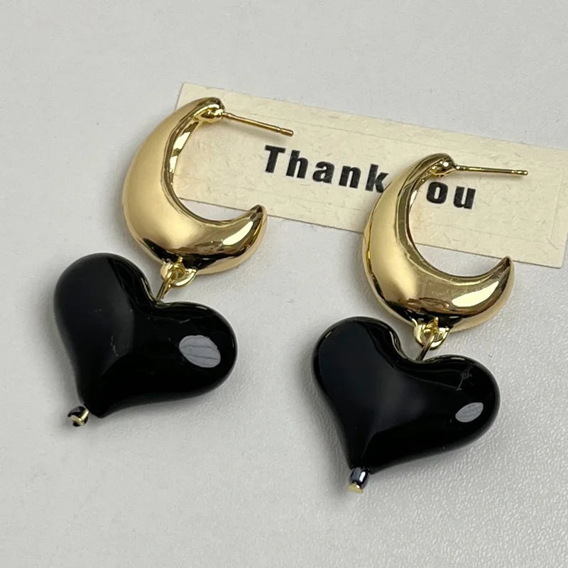 Aesthetic Heart Drop Dangle Moon Hoop Earrings Black