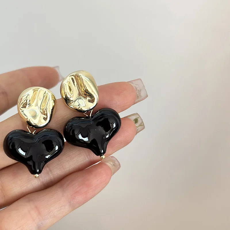 Aesthetic Heart Drop Dangle Moon Hoop Earrings Black Stud