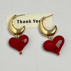 Aesthetic Heart Drop Dangle Moon Hoop Earrings Red