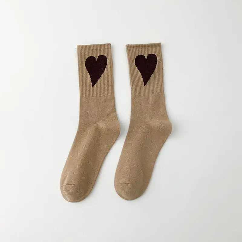 Aesthetic Heart Love Happy Mid Leg Socks - Beige Black
