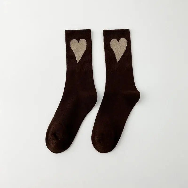 Aesthetic Heart Love Happy Mid Leg Socks - Black Beige