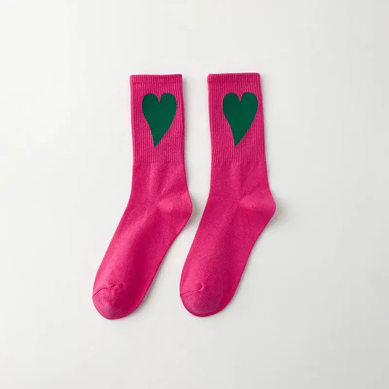 Aesthetic Heart Love Happy Mid Leg Socks - Pink Green