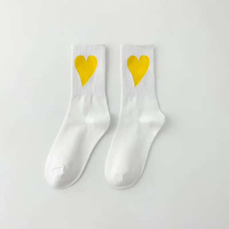 Aesthetic Heart Love Happy Mid Leg Socks - White Yellow