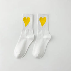 Aesthetic Heart Love Happy Mid Leg Socks - White Yellow