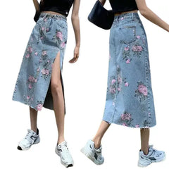 Aesthetic High Waist Flower Print Long Denim Skirt