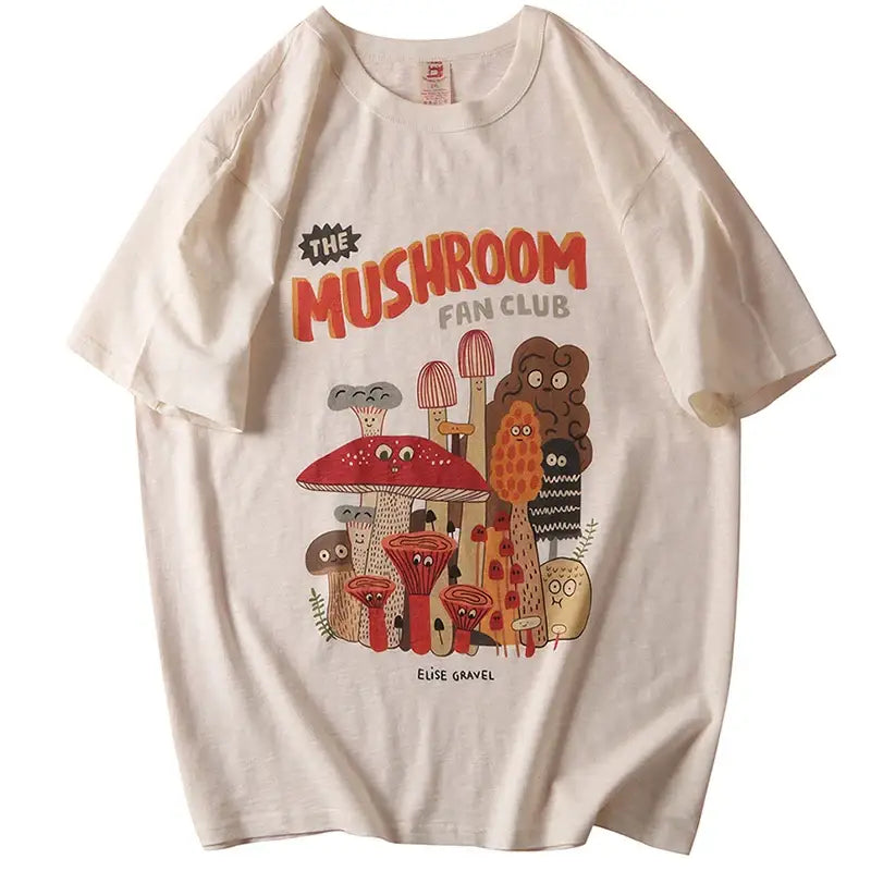 Aesthetic Oversized Mushroom Short Sleeve T Shirt - Khaki