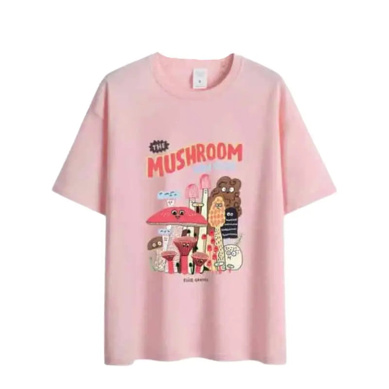 Aesthetic Oversized Mushroom Short Sleeve T Shirt - Pink