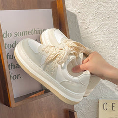 Aesthetic Platform Flat Sneakers - Beige White / 35