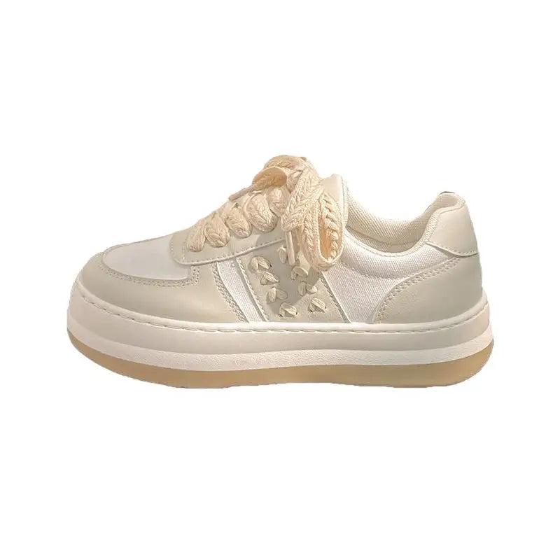 Aesthetic Platform Flat Sneakers - Beige White / 37