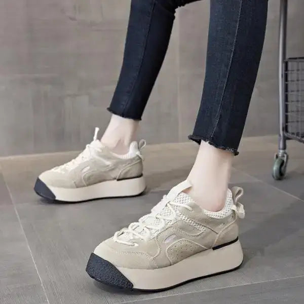 Aesthetic Platform Thick Sole Lace Up Sneakers - Beige / 35