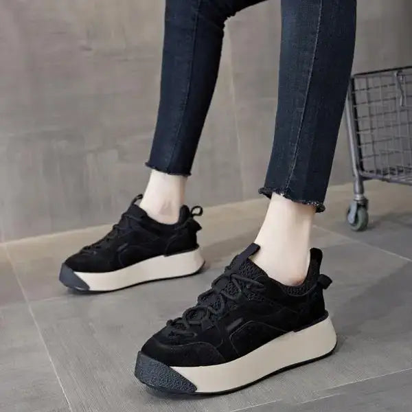 Aesthetic Platform Thick Sole Lace Up Sneakers - Black / 35