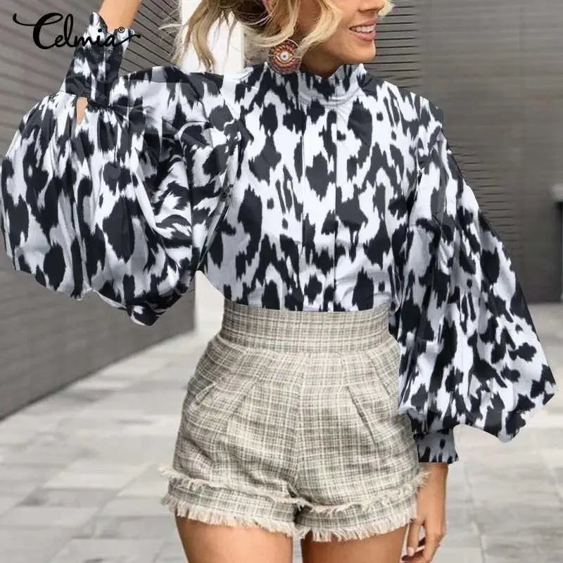 Aesthetic Print Ruffled Sleeve Elegant Blouses