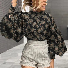 Aesthetic Print Ruffled Sleeve Elegant Blouses