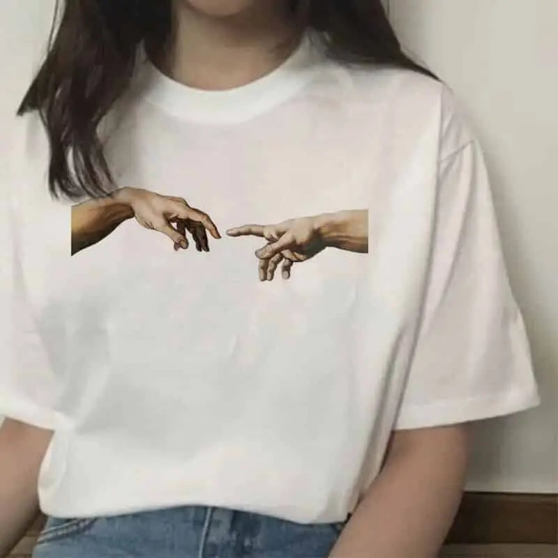 Aesthetic Printed T-Shirt with Hands Graphic Design Contact