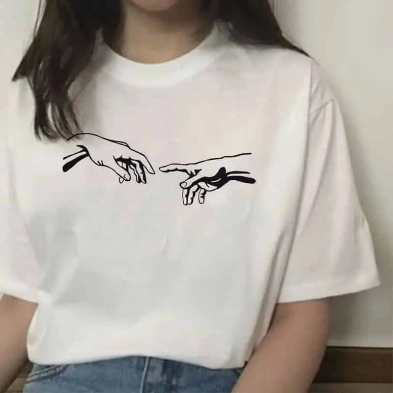 Aesthetic Printed T-shirt with Hands Graphic Design Contact