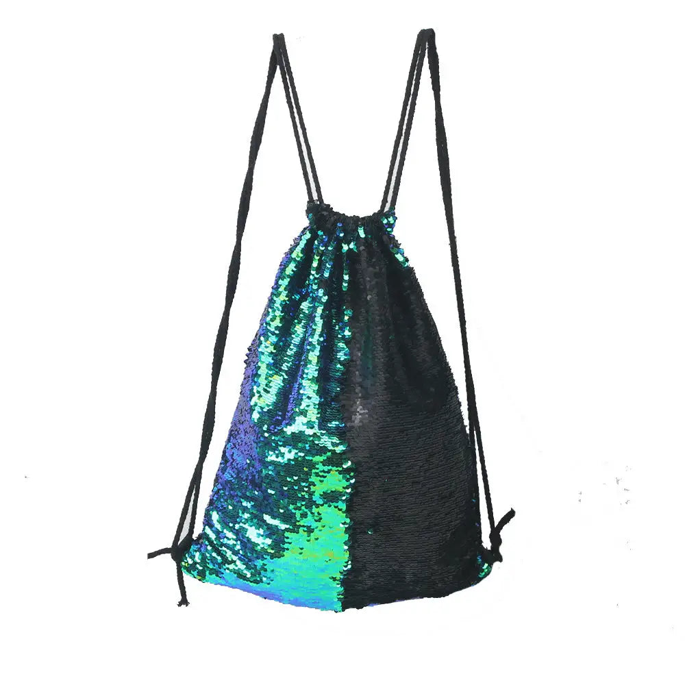 Aesthetic Sequined Drawstring Backpack - Black / One Size
